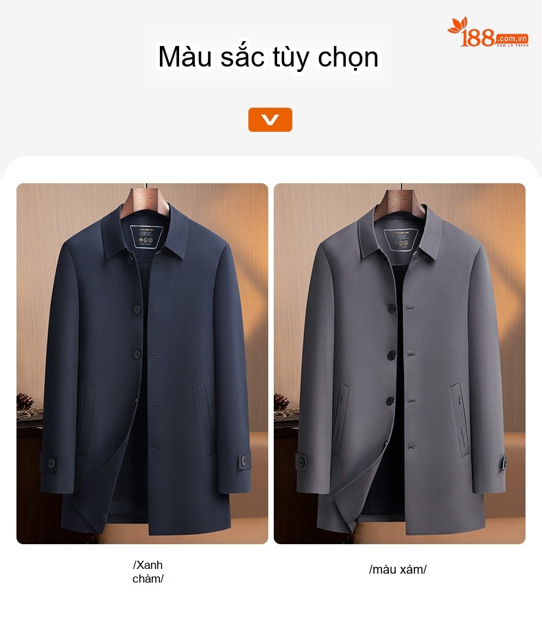 Áo Khoác Gió Nam Dáng Dài Vừa Vải Mềm Mại Chống Nhăn Phong Cách Lịch Lãm Màu Xám, Xanh Navy chi tiết 16