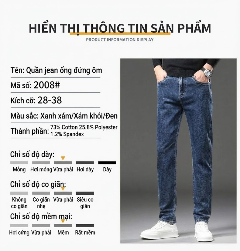 Quần Jeans Dáng Ôm Ống Đứng Nam Màu Xám Khói, Đen, Xanh Navy chi tiết 8
