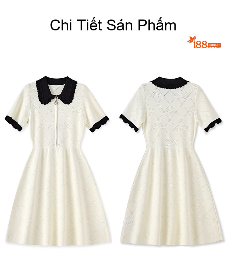 Váy Ngắn Tay Polo Nữ Dệt Kim Họa Tiết Trắng, Đen chi tiết 15