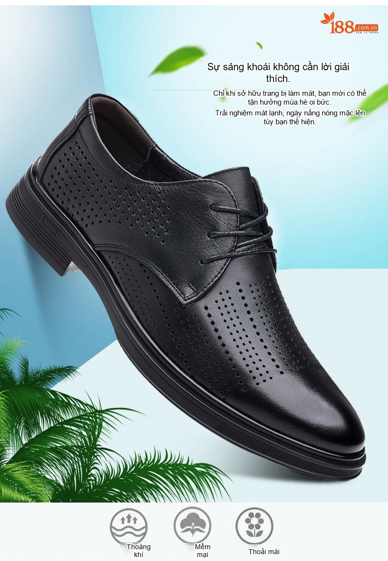 Giày Tây Buộc Dây Nam Da Bò Lỗ Thoáng Khí Chiều Cao Đế Khoảng 3cm Màu Đen chi tiết 5