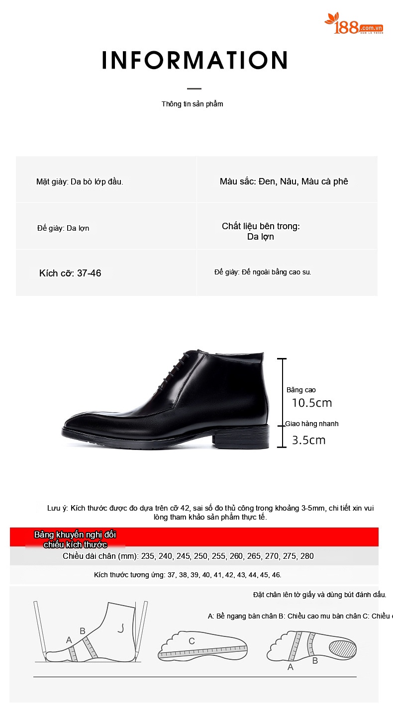 Boot Martin Nam Da Thật Mũi Nhọn Chiều Cao Đế Khoảng 3cm Màu Đen, Nâu chi tiết 9