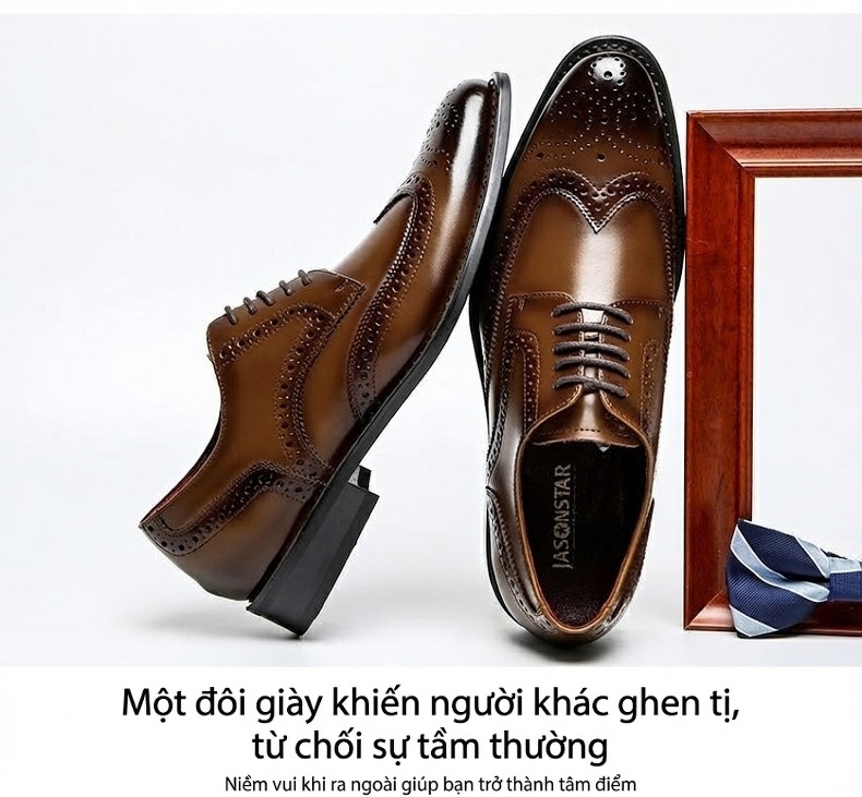 Giày Tây Buộc Dây Nam Da Thật Brogue Chiều Cao Đế Khoảng 3cm Màu Đen, Nâu chi tiết 18