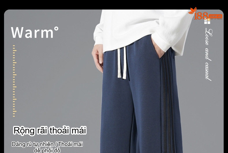Quần dài ống rộng nam thể thao sọc bên hông phong cách casual chi tiết 1