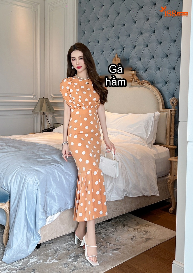 Váy Midi Nữ Cổ Tròn Họa Tiết Chấm Bi Dáng Ôm Đuôi Cá Phong Cách Pháp Màu Cam chi tiết 17