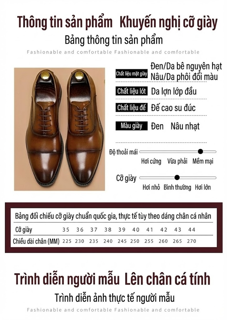 Giày Tây Buộc Dây Nam Da Bò Chiều Cao Đế Khoảng 3cm Màu Nâu chi tiết 9