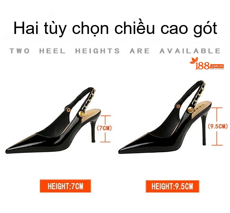 Giày Cao Gót Nữ Da Bóng Hở Gót Mũi Nhọn Chiều Cao Đế Khoảng 7cm Quai Hậu Dây Xích Màu Đen chi tiết 1