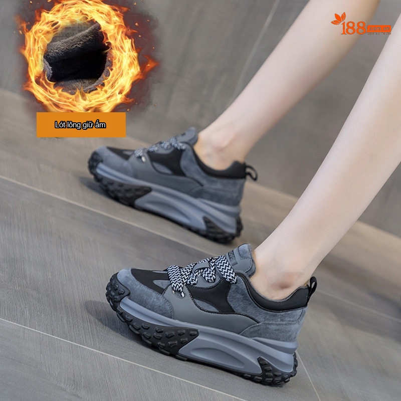 Giày Thể Thao Nữ Dây Buộc Đế Bằng Chiều Cao Đế Khoảng 4cm Màu Trắng, Đen, Nâu, Xám