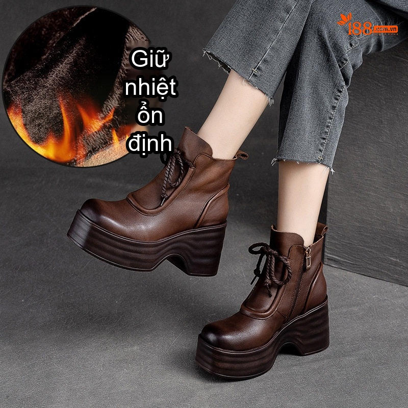 Boot Nữ Cổ Ngắn Da Bóng Lót Lông Chiều Cao Đế Khoảng 6cm Màu Đen, Nâu