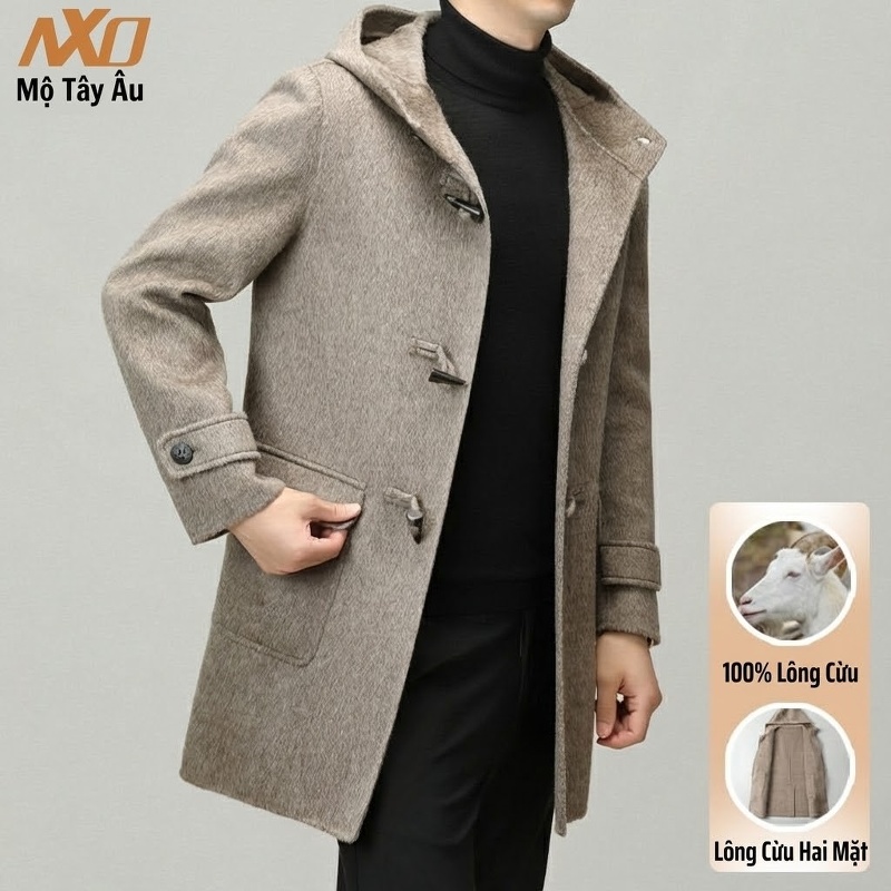 Áo Khoác Dạ Nam Dáng Dài Vừa Mũ Trùm Đầu Cúc Sừng Chất Liệu Lông Cừu 100% Màu Be, Đen, Xám