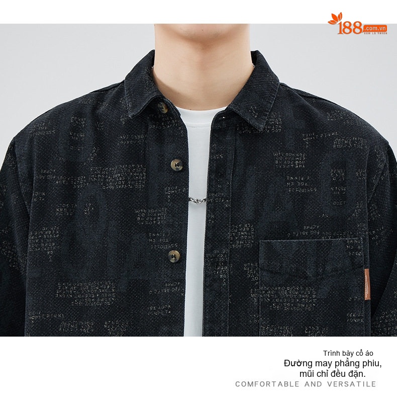 Áo Sơ Mi Tay Dài Nam Phong Cách Retro Mỹ Form Rộng In Họa Tiết Màu Đen chi tiết 10