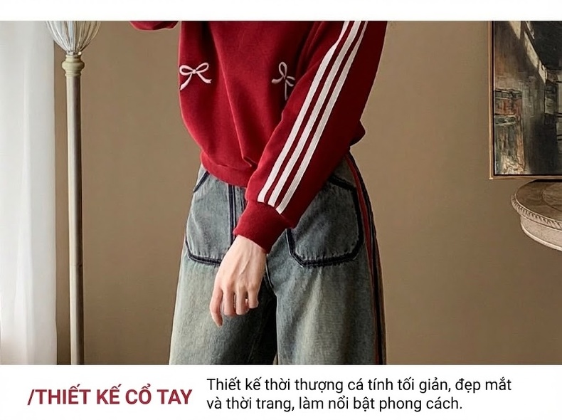 Set Bộ Nữ Áo Dệt Kim Tay Dài Quần Ống Rộng Phong Cách Hàn Quốc Màu Đỏ, Xanh chi tiết 4