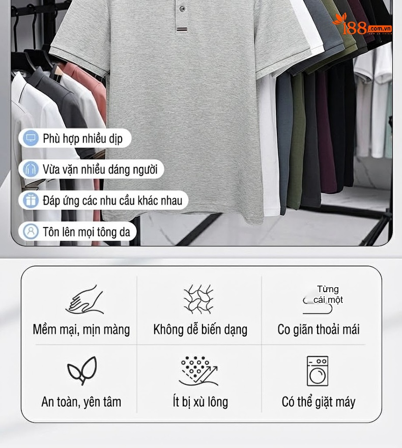 Áo Polo Nam Cổ Bẻ Mỏng Thoáng Khí Phong Cách Casual Màu Xám chi tiết 11