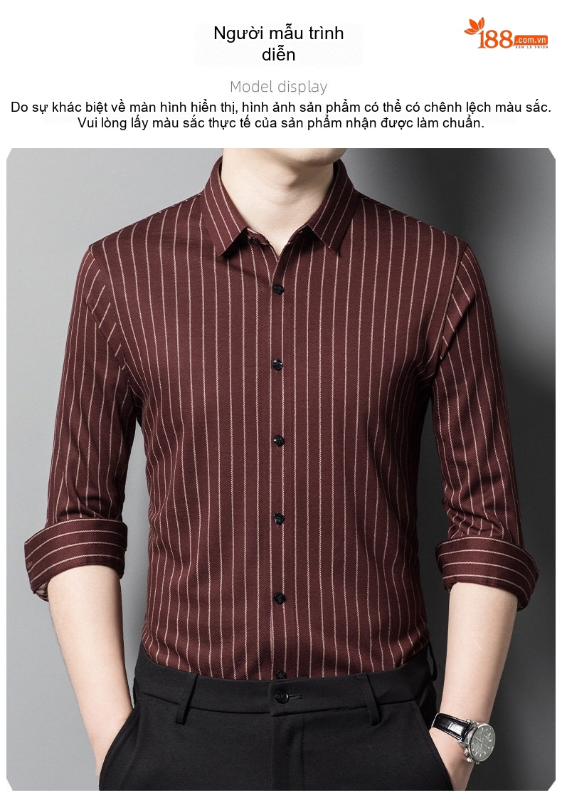 Áo Sơ Mi Nam Dài Tay Wool Kẻ Sọc Chống Nhăn Phong Cách Doanh Nhân Màu Đen, Đỏ chi tiết 5