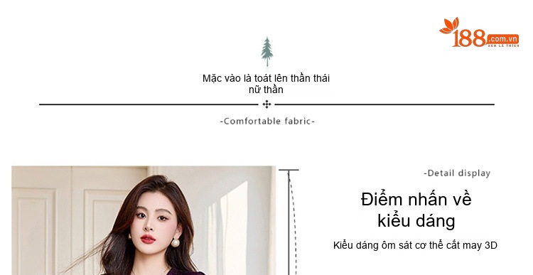 Váy liền thân Nữ Cổ chữ V Trung Dài Tay Thiết Kế Thắt Eo Tôn Dáng Thoáng Khí Màu Đen, Đỏ, Tím, Be chi tiết 7