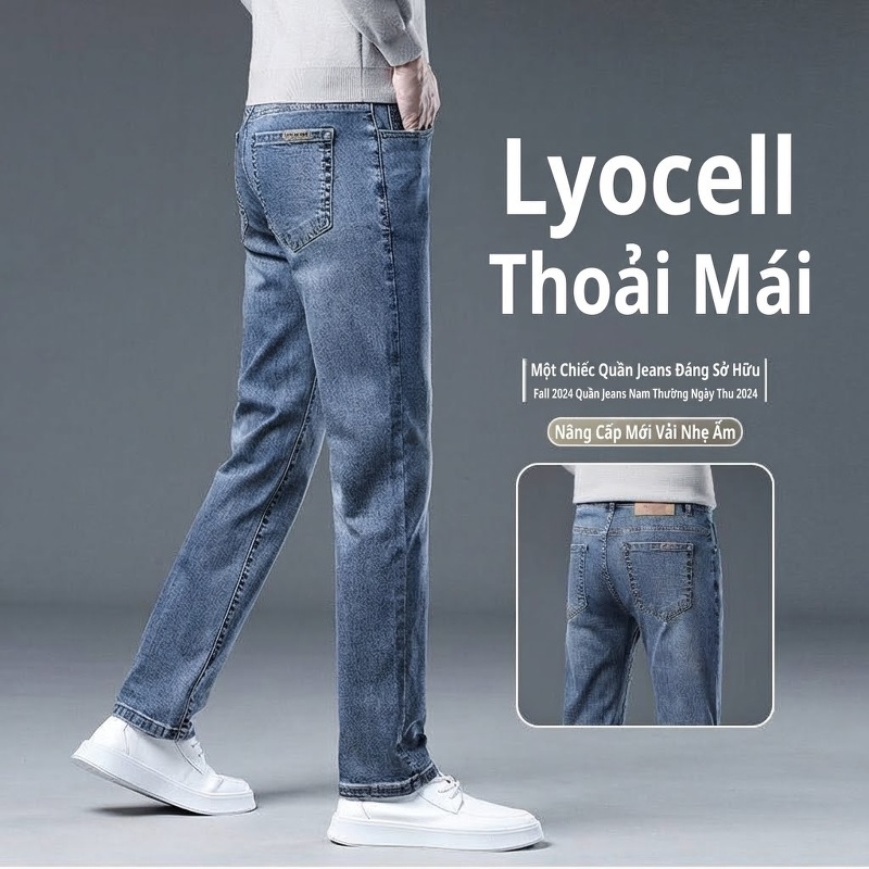 Quần Jean Nam Ống Đứng Lyocell Dáng Ôm Vừa Vặn Màu Xanh Dương