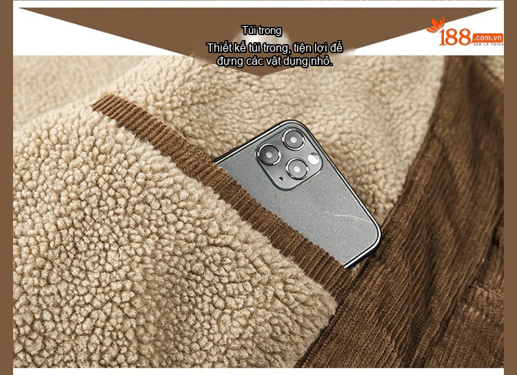 Áo Khoác Bông Nam Cổ Lông Cừu Non Vải Cotton Dày Dặn Màu Nâu, Đen, Xám chi tiết 31