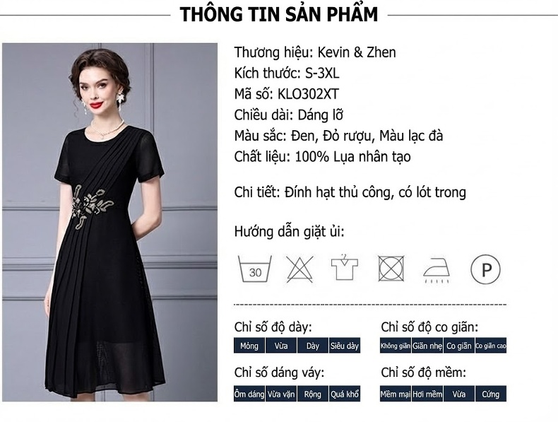 Váy A Chữ Nữ Thiết Kế Đen Sang Trọng, Đính Cườm Thủ Công, Xếp Ly Chất liệu Nhân Tơ chi tiết 17
