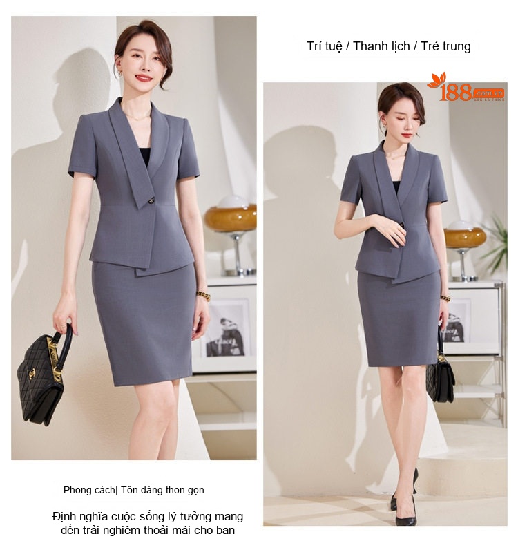 Bộ Vest Công Sở Nữ Tay Ngắn Dáng Lệch Màu Xám, Đen chi tiết 17