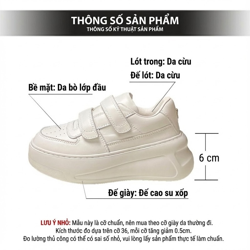 Giày Sneaker Nữ Da Bò Ma Thuật Dán Đế Cao 6cm Màu Trắng