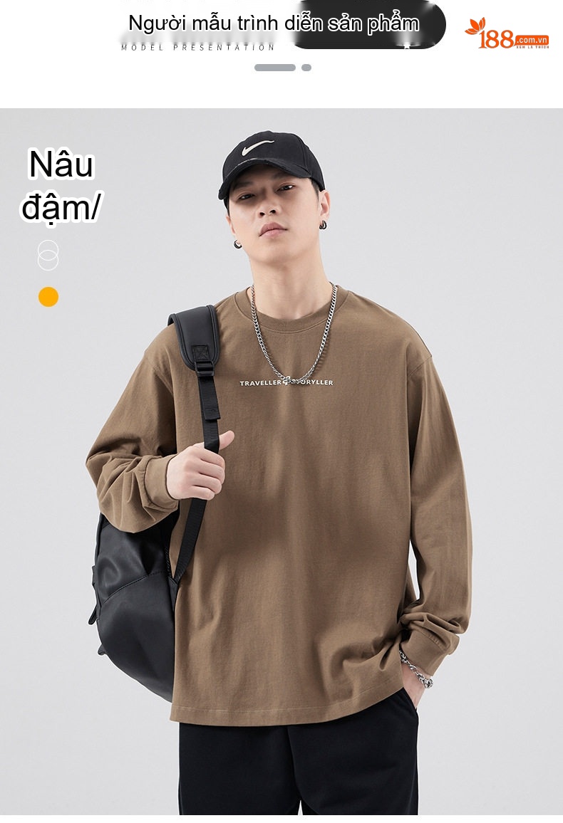 Áo Thun Tay Dài Nam Cotton Dáng Rộng Phong Cách Casual Màu Xám, Nâu, Trắng chi tiết 8