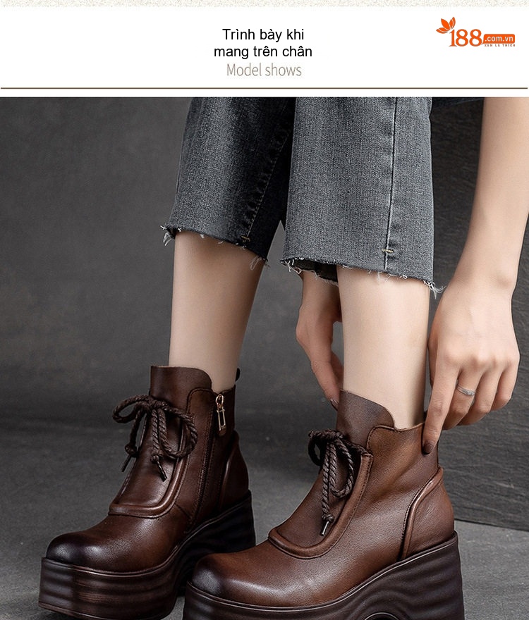 Boot Nữ Cổ Ngắn Da Bóng Lót Lông Chiều Cao Đế Khoảng 6cm Màu Đen, Nâu chi tiết 6