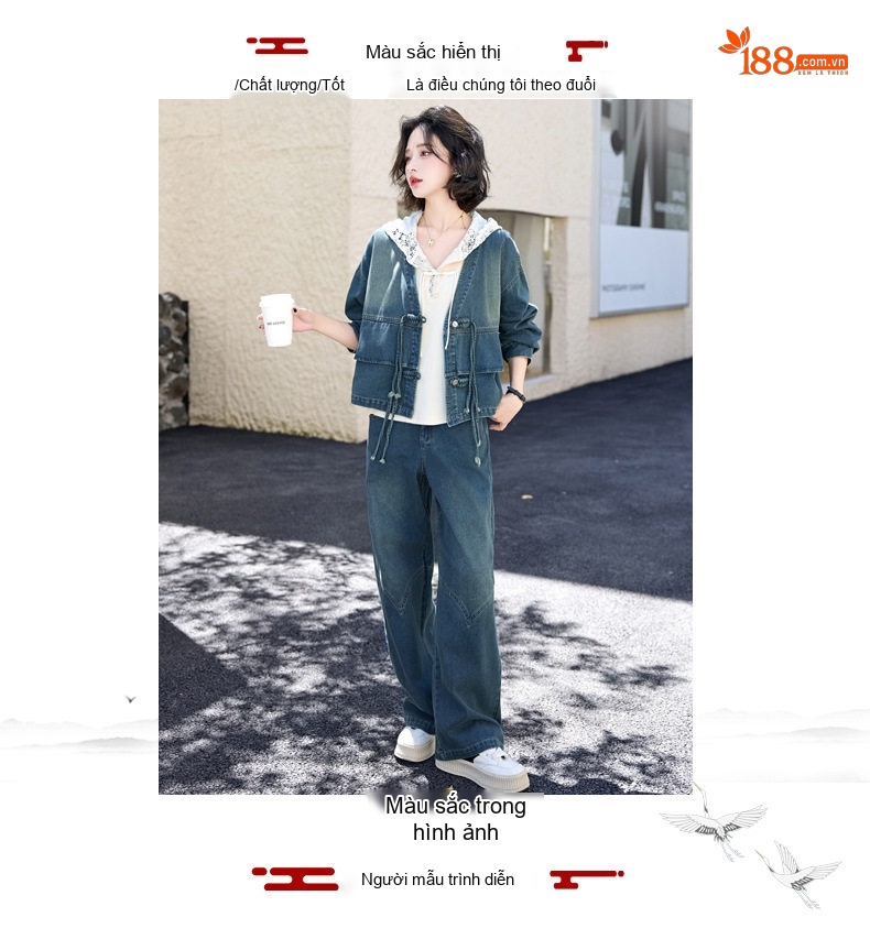 Set Bộ Quần Áo Nữ Phong Cách Trung Hoa Áo Khoác Lửng Quần Ống Rộng Jeans Xanh chi tiết 8