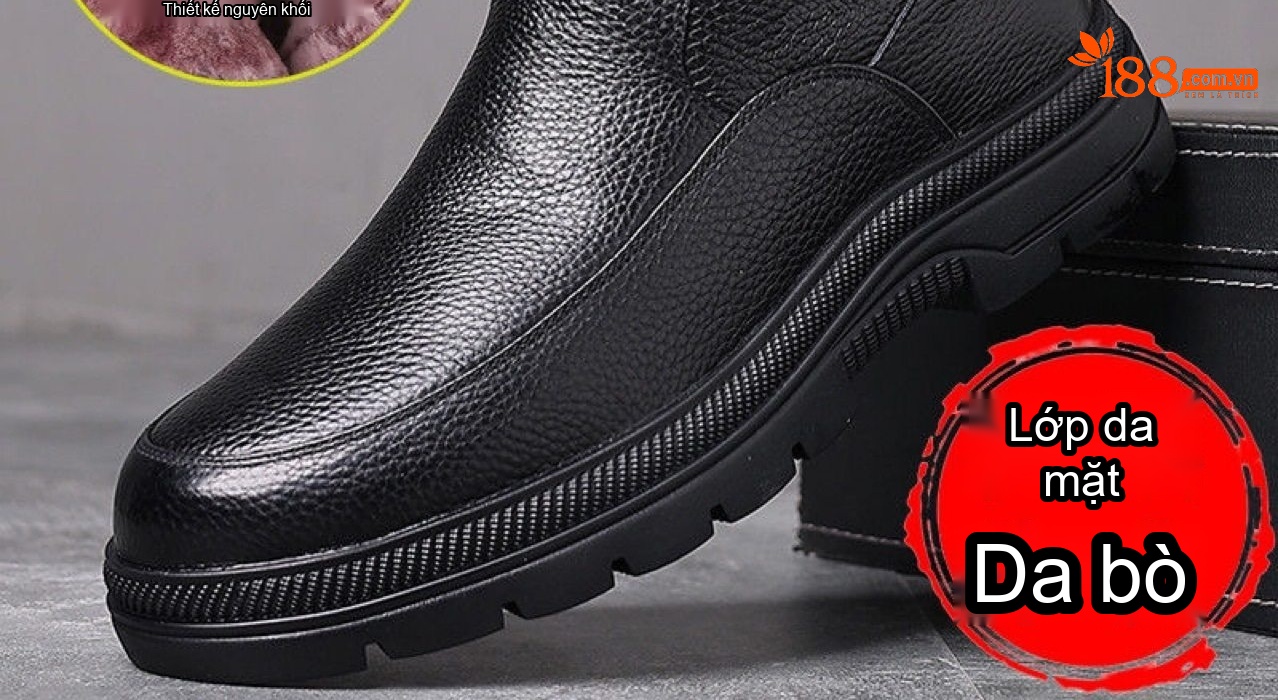 Boot Nam Da Bò Lót Lông Cừu Giữ Ấm Mùa Đông Đế Cao 3cm