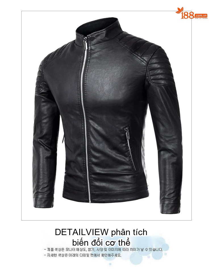 Áo Khoác Da PU Nam Dáng Ôm Cổ Trụ Khóa Zip Phong Cách Motor Màu Đen, Xanh Navy chi tiết 5