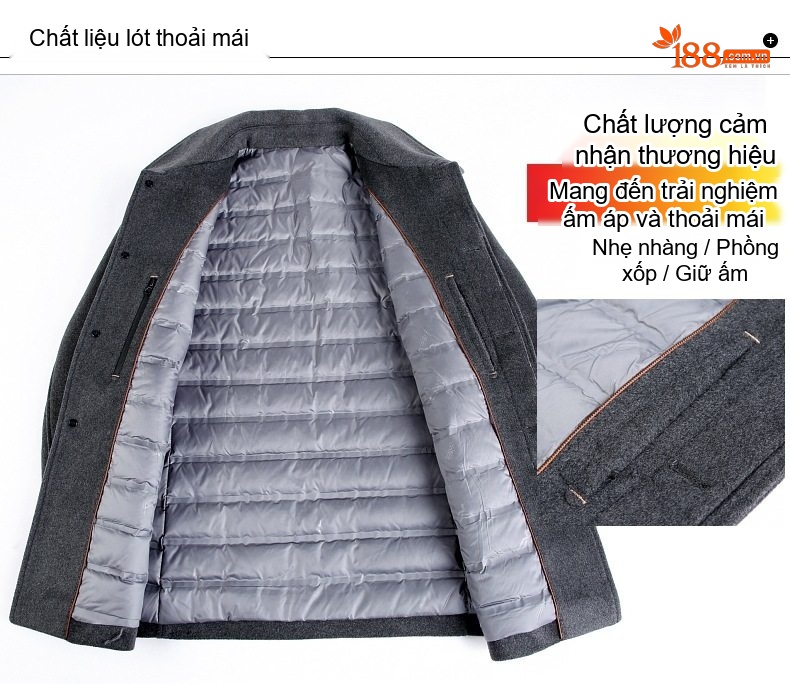 Áo Khoác Dạ Nam Lông Cừu Giữ Ấm Cổ Bẻ Lịch Lãm Màu Xám, Đen chi tiết 15