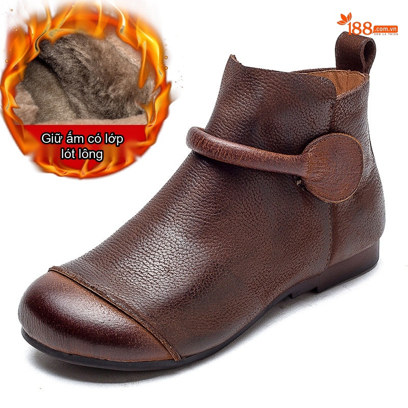 Boot Nữ Cổ Ngắn Lót Lông Giữ Ấm Khóa Kéo Bên Hông Đế Bệt Chiều Cao Đế Khoảng 1cm Màu Nâu