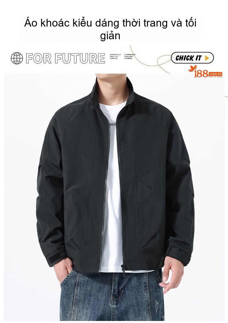 Áo Khoác Bomber Nam Cổ Trụ Phong Cách Công Sở Màu Đen, Kem, Xanh Rêu chi tiết 1