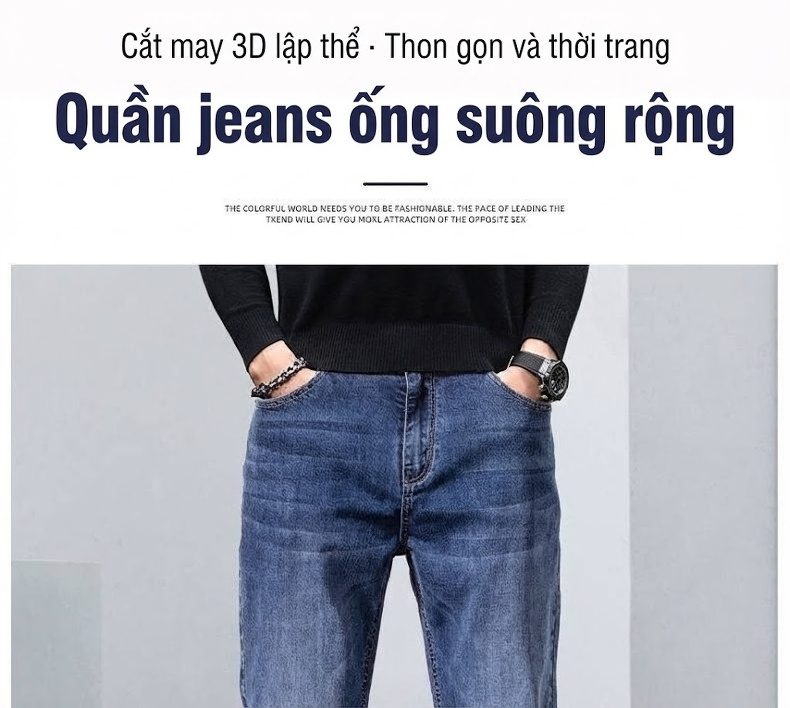 Quần Jean Nam Dáng Suông Co Giãn Thoải Mái Màu Xanh, Đen chi tiết 1