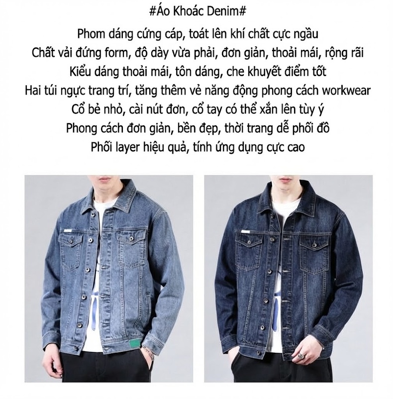 Áo Khoác Jean Nam Cổ Điển Dáng Đứng Phong Cách Thời Trang Màu Xanh Denim chi tiết 2