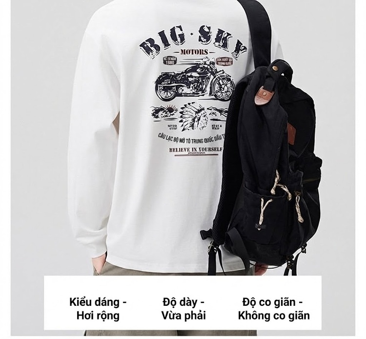 Áo Thun Tay Dài Nam Cotton In Hình Xe Motor Phong Cách Đường Phố Thoải Mái Màu Trắng chi tiết 4