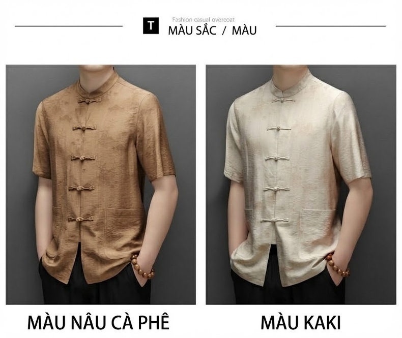 Áo Sơ Mi Nam Tay Ngắn Lụa Tơ Tằm Trung Niên Dáng Suông Cổ Tàu Khuy Nút Phong Cách Trung Hoa Màu Vàng Be, Nâu chi tiết 3
