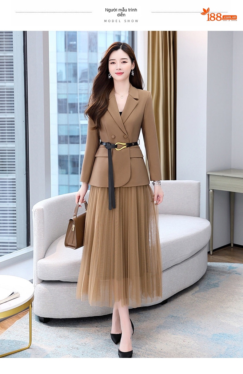Bộ Vest Blazer Nữ Chân Váy Lưới Dáng Dài Thời Trang Thu Đông Màu Nâu, Đen, Xanh, Cam chi tiết 26