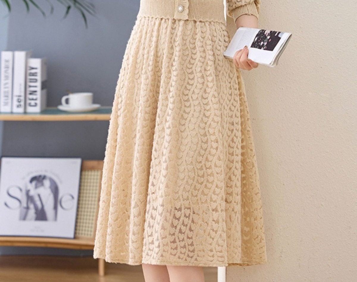 Váy Dệt Kim Nữ Tay Dài Dáng Xòe Họa Tiết Lỗ Màu Be, Hồng, Đen chi tiết 15