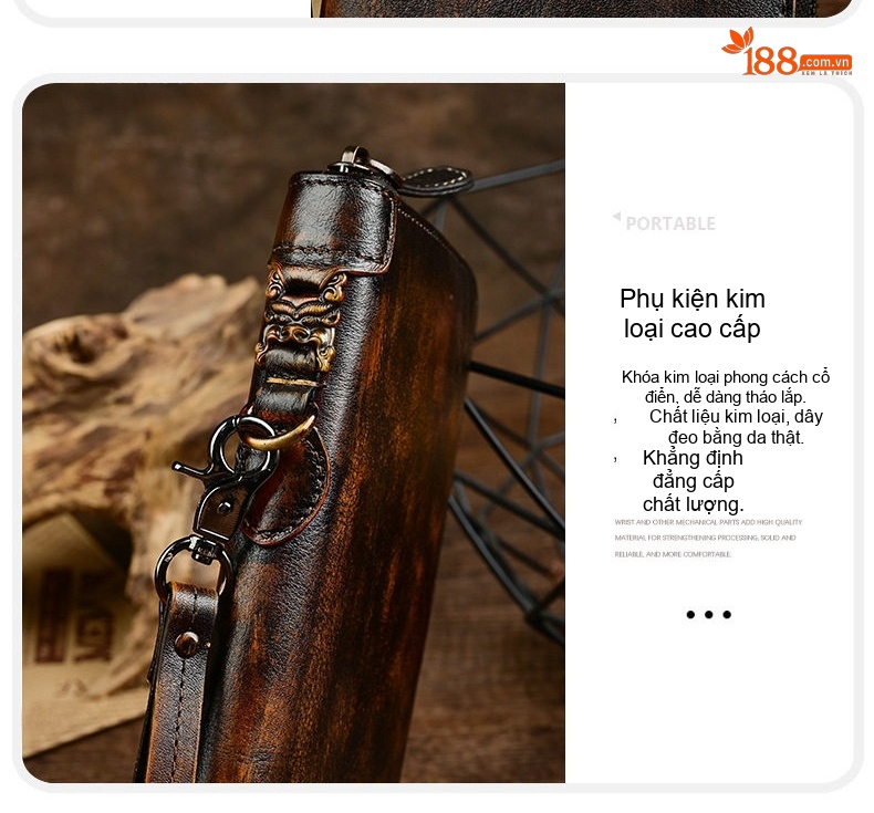 Ví Cầm Tay Nam Da Bò Khóa Kéo Phong Cách Retro Màu Nâu Đen chi tiết 10