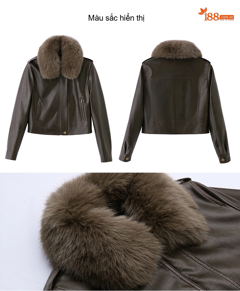 Áo Khoác Da PU Nữ Cổ Lông Dày Dặn Kiểu Bomber Màu Nâu, Trắng chi tiết 29