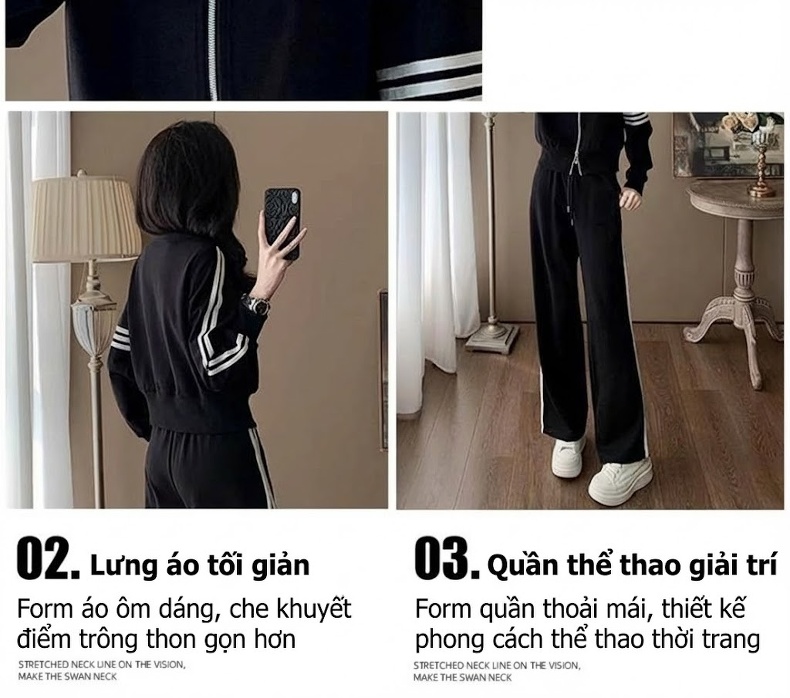 Bộ Áo Khoác Nữ Dáng Ngắn Khóa Kéo Phối Sọc Quần Ống Rộng Lưng Cao Màu Đen chi tiết 2