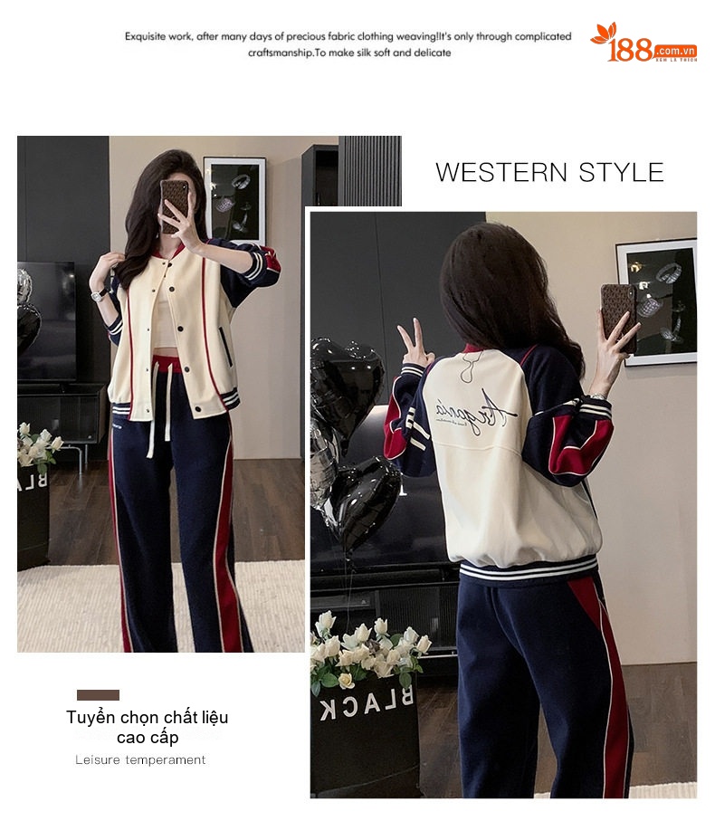 Bộ Quần Áo Thể Thao Nữ Áo Khoác Bomber Quần Ống Rộng Phong Cách Thu Đông Màu Kem, Xanh Navy, Đỏ chi tiết 3
