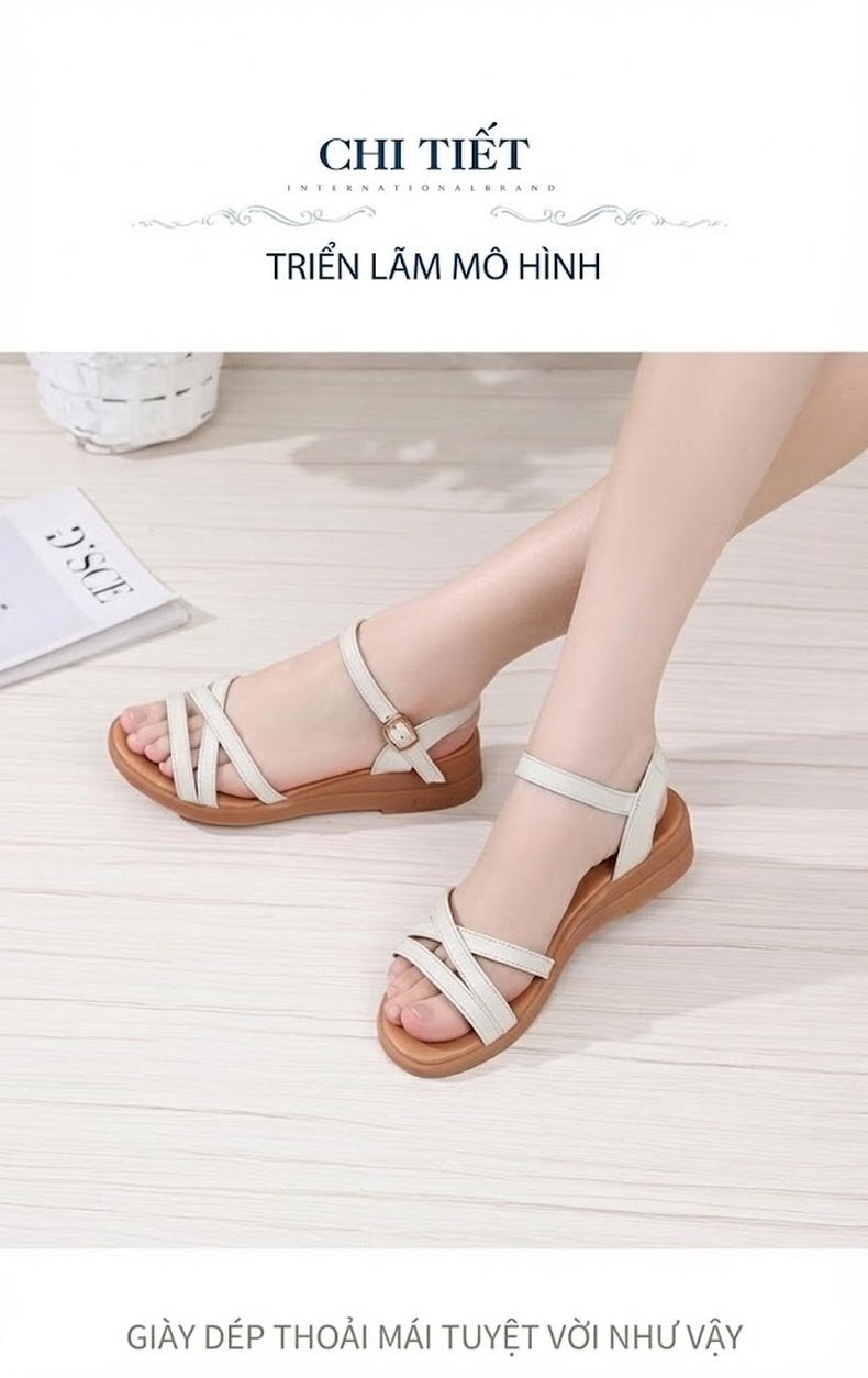 Dép Sandal Nữ Quai Chéo Đế Xuồng Da Mềm Chống Trượt Đế Cao 4cm - 5cm Màu Đen, Trắng chi tiết 13