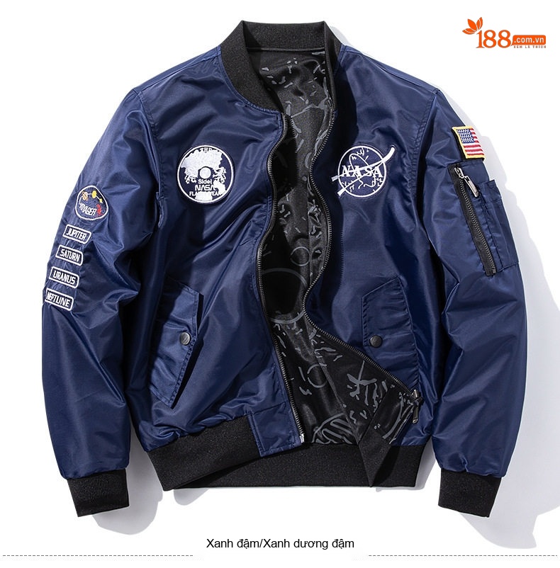 Áo Khoác Bomber Nam Nữ Dáng Rộng Hai Mặt Mặc Thu Đông Phong Cách Phi Công NASA Màu Xám, Xanh Navy, Xanh Lá, Đen... chi tiết 21