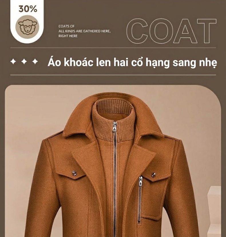 Áo Khoác Dạ Nam Lông Cừu Hai Cổ Áo Dáng Ôm Chống Lạnh Màu Đen, Nâu, Xám, Xanh Navy chi tiết 1
