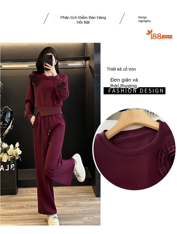 Set bộ quần áo thể thao nữ tay dài dáng rộng thiết kế hoa hồng chi tiết 1