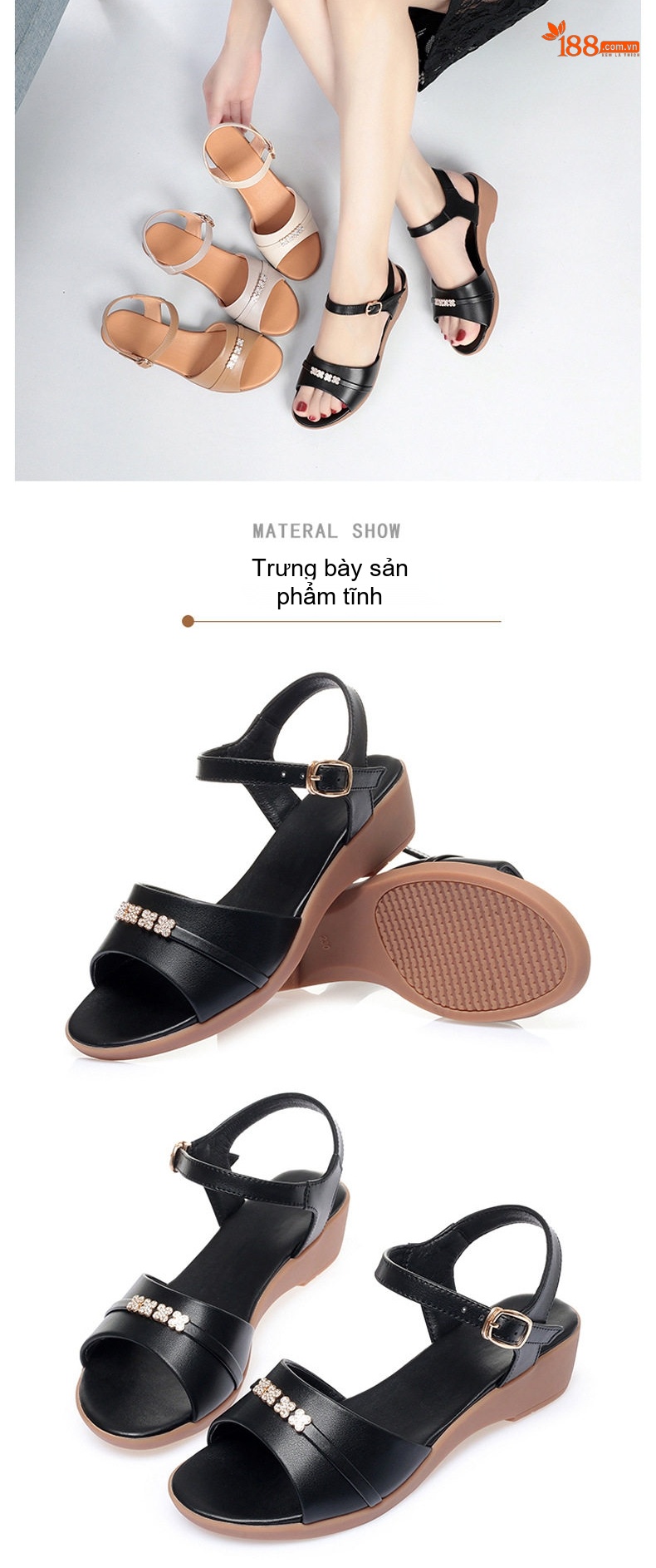 Dép Sandal Nữ Da Thật Quai Ngang Đính Đá Đế Bệt Thoải Mái Đế Cao 3cm - 4cm Màu Kem, Nâu, Đen chi tiết 10