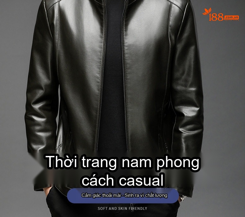 Áo Khoác Da Nam Da Bóng Cổ Trụ Lót Lông Dày Dặn Giữ Ấm Màu Đen chi tiết 2