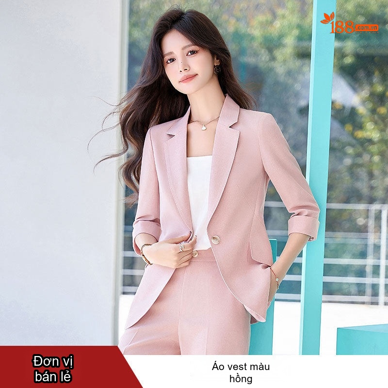 Bộ Vest Công Sở Nữ Tay Lỡ Quần Dài Phong Cách Hàn Quốc Màu Xanh, Hồng, Kaki