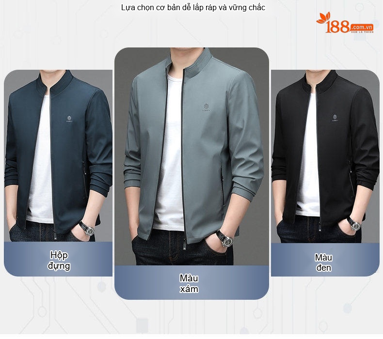 Áo Khoác Bomber Nam Cổ Trụ Dáng Ôm Vừa Vặn Màu Xanh Navy, Xám chi tiết 10
