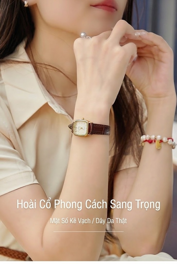 Đồng Hồ Nữ Mặt Vuông Nhỏ Dây Da Thật Cao Cấp Màu Vàng, Đen, Nâu Đỏ, Bạc chi tiết 1